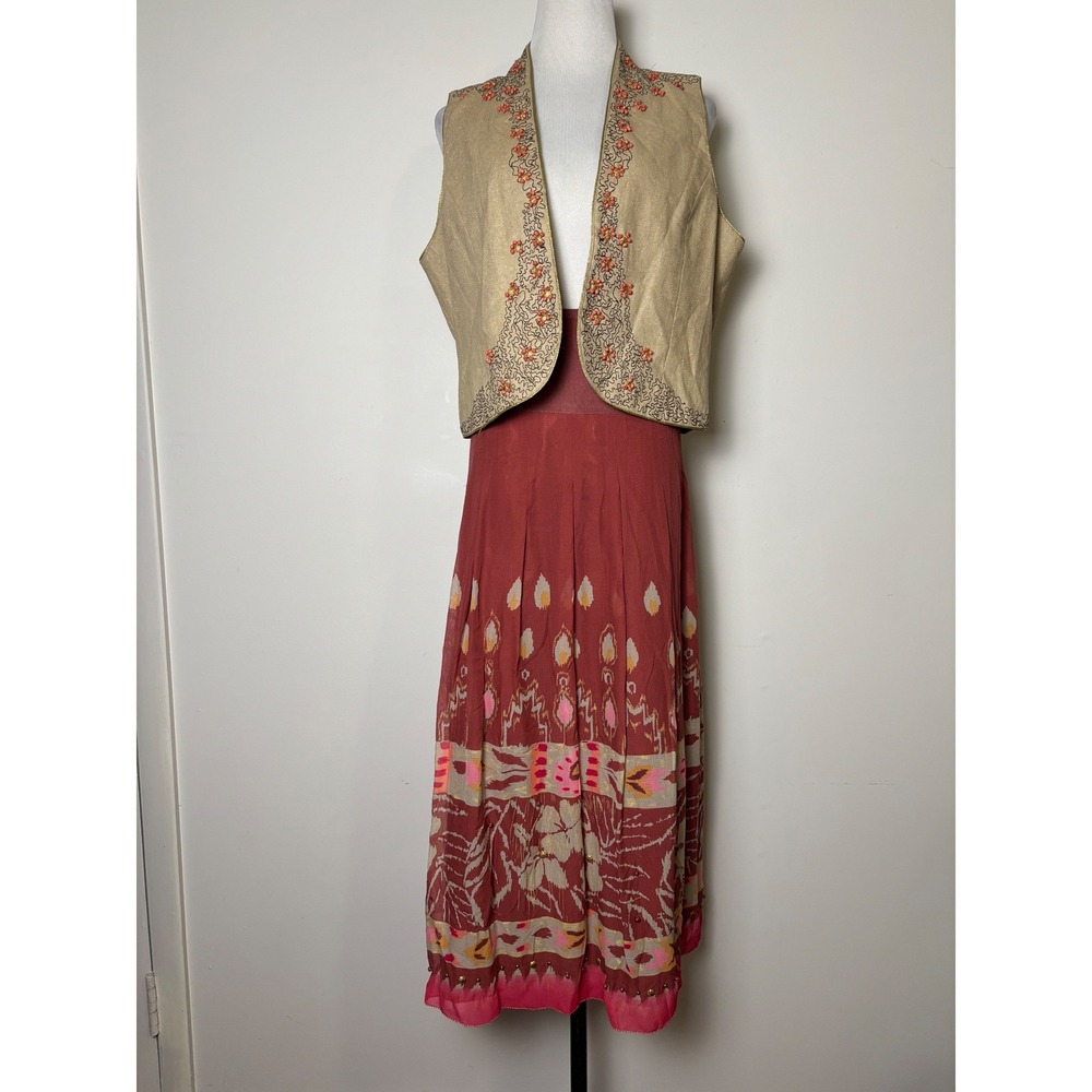 Central Park Linen Vest & Silk Skirt Set 14 Large‎ Beaded Festival Boho Hippie